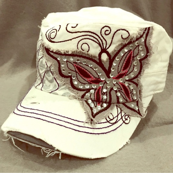 Alabama Girl Accessories - 🦋 WHITE/GRAY CRYSTAL EMBELLISHED 100% COTTON ELASTIC BACK BUTTERFLY HAT CAP
